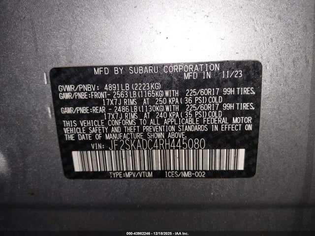 Aukcja sprzedaży 2024 Subaru Forester Premium, vin: JF2SKADC4RH445080, numer aukcji: 43982246