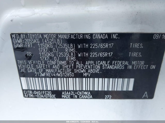 2T3WFREV4HW312850 Toyota Rav4 Xle