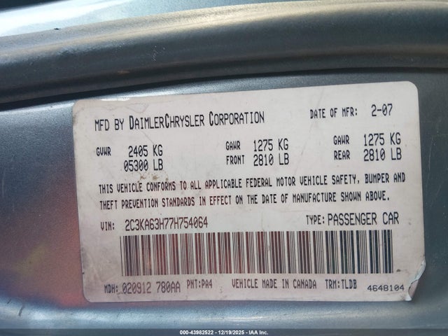 43982522 :رقم المزاد ، 2C3KA63H77H754064 vin ، 2007 Chrysler 300c مزاد بيع
