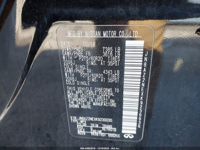 Aukcja sprzedaży 2019 Infiniti Qx80 Luxe, vin: JN8AZ2NEXK9230030, numer aukcji: 43982619