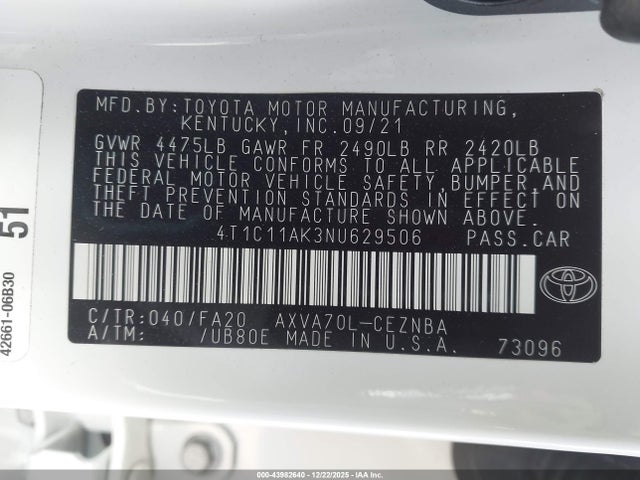 4T1C11AK3NU629506 Toyota CAMRY LE