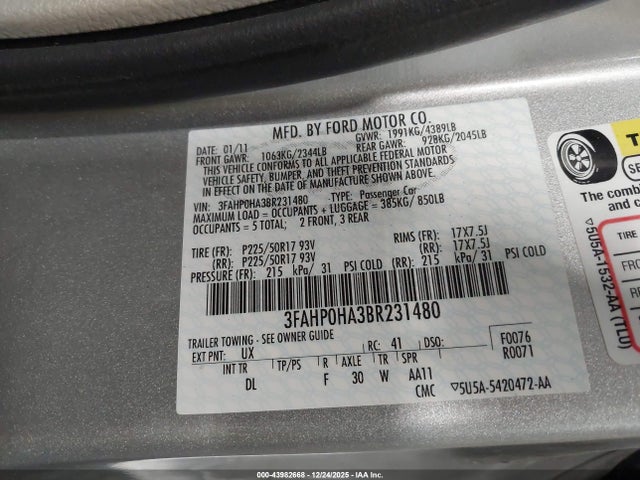 Продажа на аукционе авто 2011 Ford Fusion Se, vin: 3FAHP0HA3BR231480, номер лота: 43982668