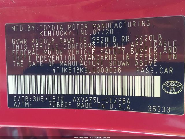2020 TOYOTA CAMRY 4T1K61BK9LU008036 Photo 8