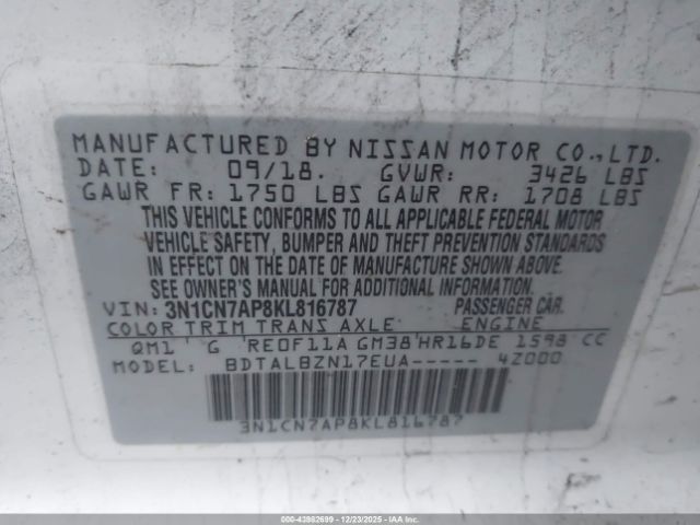 2019 NISSAN VERSA 3N1CN7AP8KL816787 Photo 8