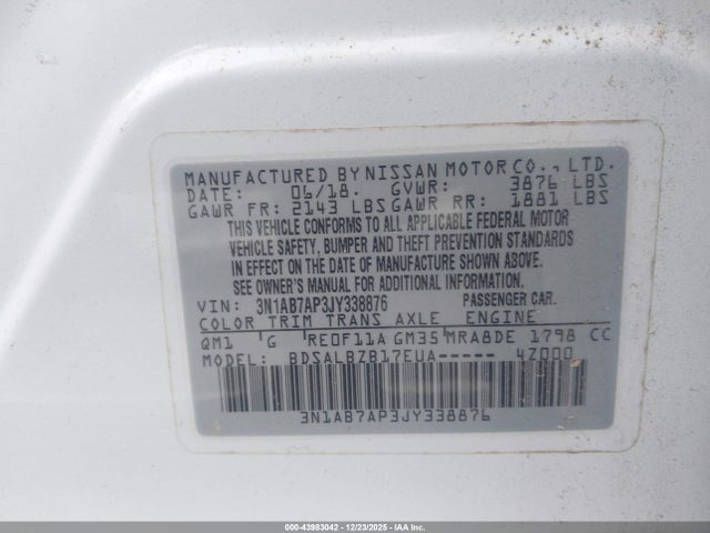 Aukcja sprzedaży 2018 Nissan Sentra S, vin: 3N1AB7AP3JY338876, numer aukcji: 43983042