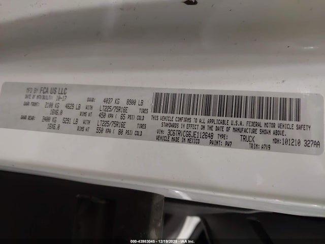 43983045 :رقم المزاد ، 3C6TRVCG6JE112648 vin ، 2018 Ram Promaster 2500 High Roof 136 Wb مزاد بيع
