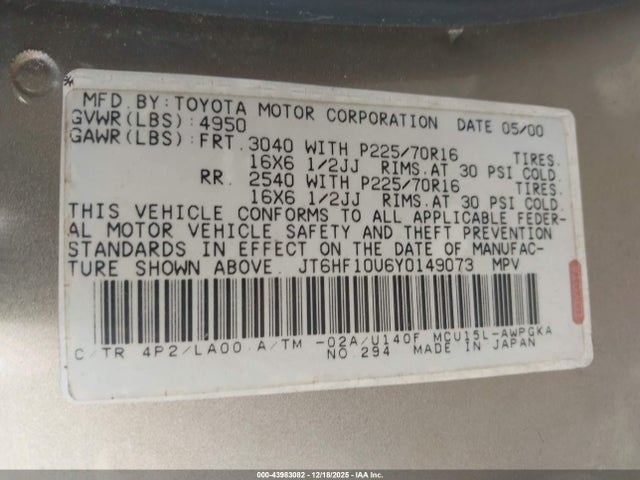 43983082 :رقم المزاد ، JT6HF10U6Y0149073 vin ، 2000 Lexus Rx 300 مزاد بيع