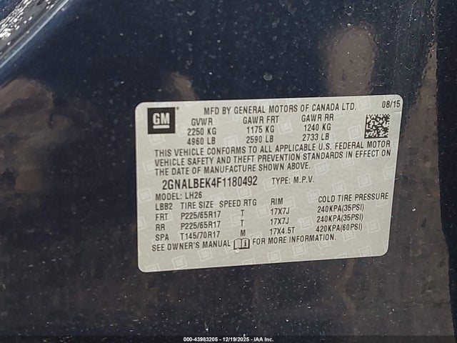 43983205 :رقم المزاد ، 2GNALBEK4F1180492 vin ، 2015 Chevrolet Equinox 1lt مزاد بيع