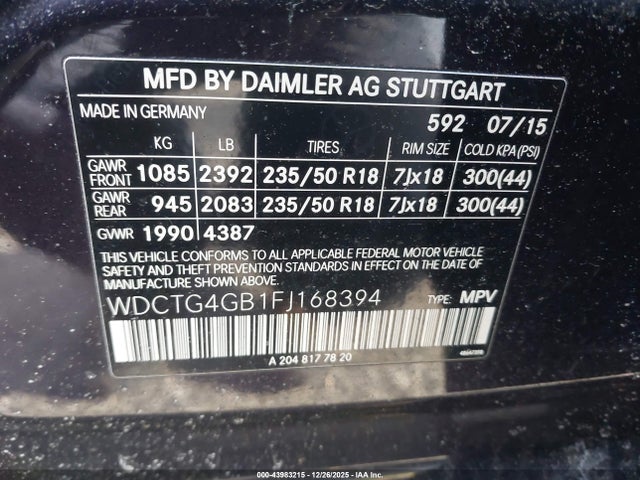 WDCTG4GB1FJ168394 Mercedes-Benz Gla 250 4matic
