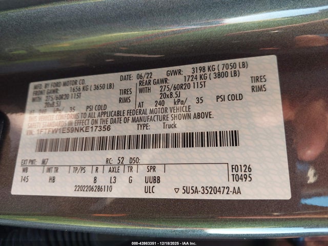 Ford F-150 Lariat 2022 1FTFW1E59NKE17356 Image 37