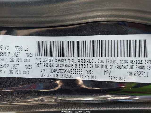 2017 Jeep Cherokee Latitude 4x4 მანქანა იყიდება აუქციონზე, vin: 1C4PJMCSXHW658238, აუქციონის ნომერი: 43983438