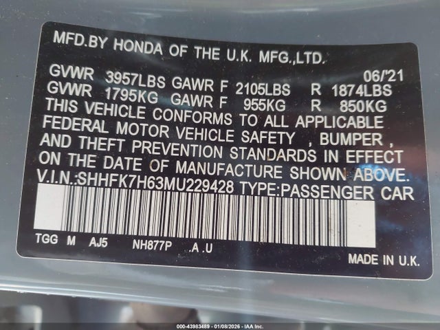 SHHFK7H63MU229428 Honda CIVIC EX