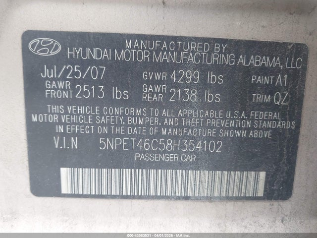 2008 HYUNDAI SONATA 5NPET46C58H354102 Photo 8