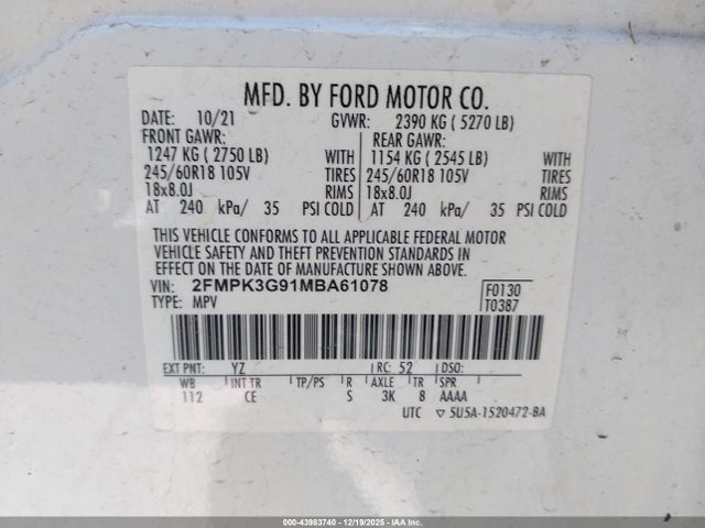 2FMPK3G91MBA61078 Ford EDGE SE