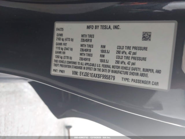 2025 TESLA MODEL 3 5YJ3E1EAXSF995879 Photo 8