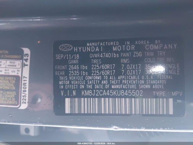 KM8J2CA45KU845502 Hyundai TUCSON SE