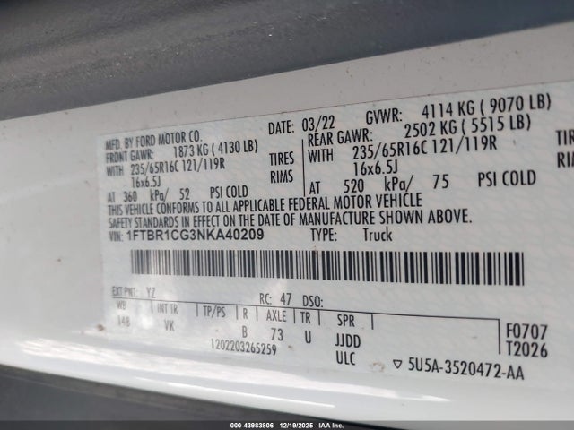 1FTBR1CG3NKA40209 Ford Transit-250