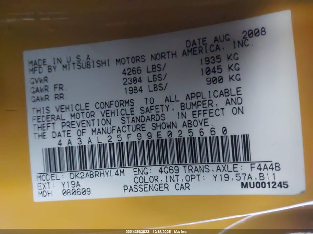 2009 MITSUBISHI ECLIPSE SPYDER 4A3AL25F99E025660 Photo 8