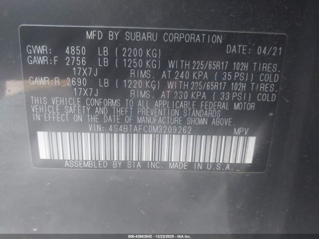 2021 SUBARU OUTBACK 4S4BTAFC0M3209262 Photo 8