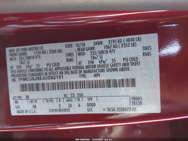 2018 FORD ESCAPE 1FMCU9J98JUD62151 Photo 8