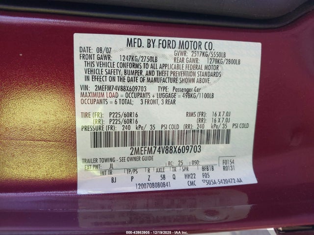 Продажа на аукционе авто 2008 Mercury Grand Marquis Gs, vin: 2MEFM74V88X609703, номер лота: 43983905