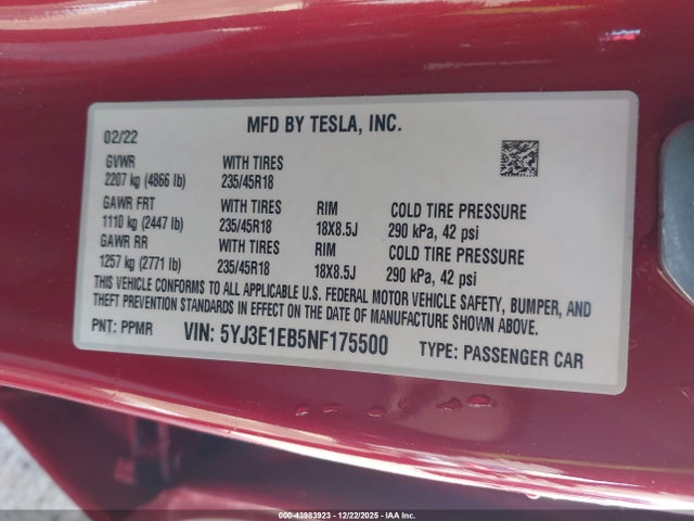 Aukcja sprzedaży 2022 Tesla Model 3 Long Range Dual Motor All-wheel Drive, vin: 5YJ3E1EB5NF175500, numer aukcji: 43983923