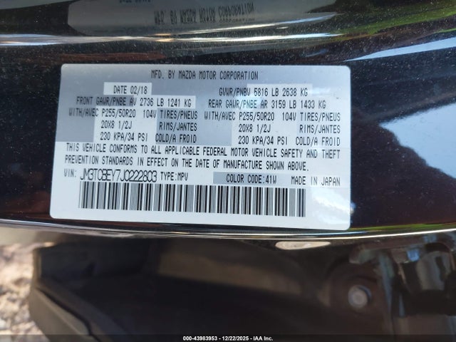 43983953 :رقم المزاد ، JM3TCBEY7J0222803 vin ، 2018 Mazda Cx-9 Signature مزاد بيع