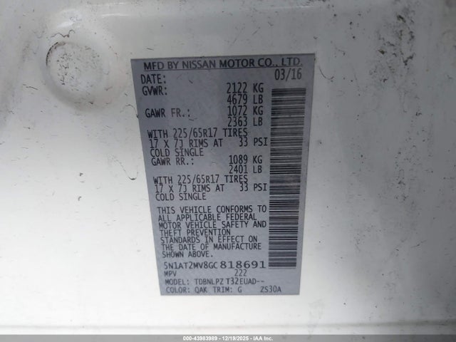 5N1AT2MV8GC818691 Nissan Rogue S/sl/sv