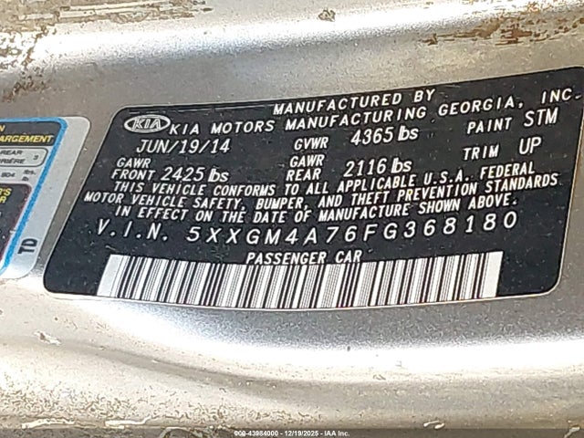 5XXGM4A76FG368180 KIA Optima Lx