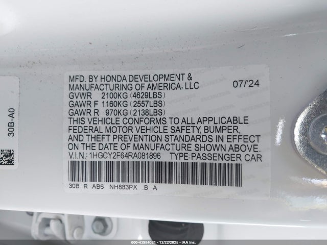 1HGCY2F64RA081896 Honda Accord Hybrid Ex-l