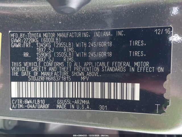 Toyota Highlander Xle 2017 5TDJZRFH6HS371815 Image 9