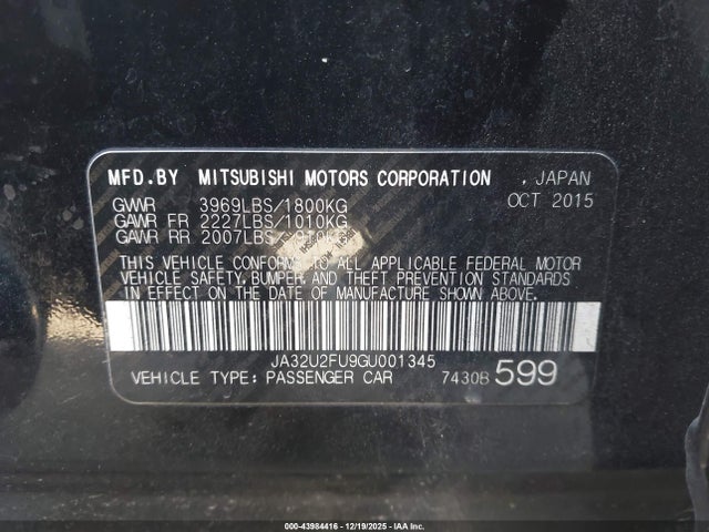 JA32U2FU9GU001345 Mitsubishi LANCER ES