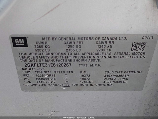 Auction sale of the 2014 Gmc Terrain Slt-2, vin: 2GKFLTE31E6120267, lot number: 43984424