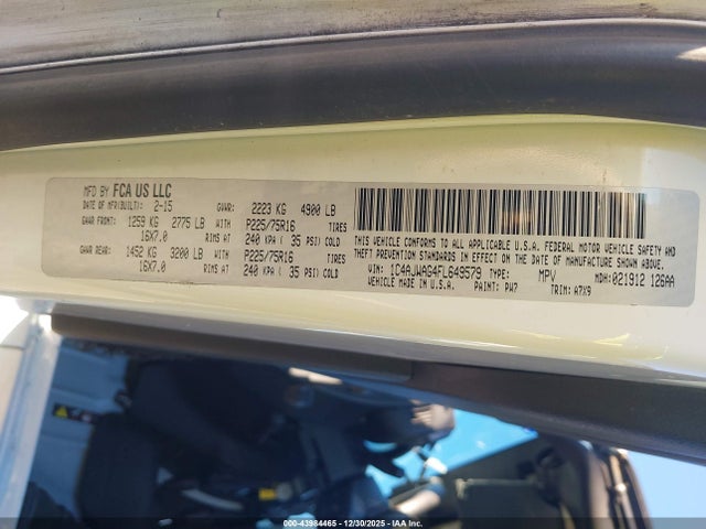 Aukcja sprzedaży 2015 Jeep Wrangler Sport, vin: 1C4AJWAG4FL649579, numer aukcji: 43984465