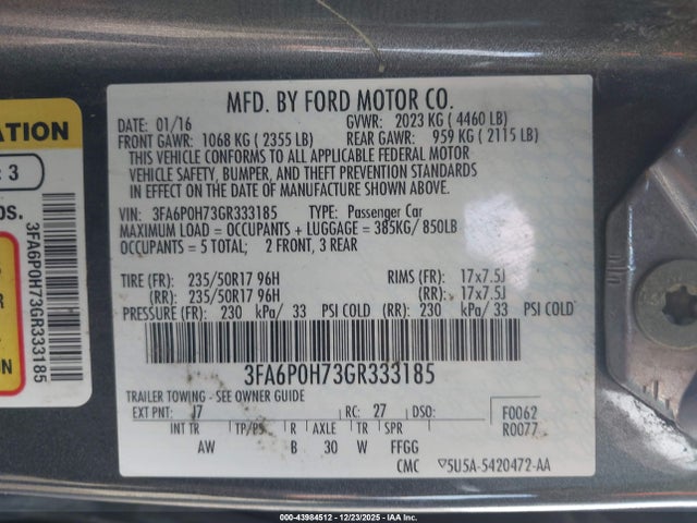 Продажа на аукционе авто 2016 Ford Fusion Se, vin: 3FA6P0H73GR333185, номер лота: 43984512