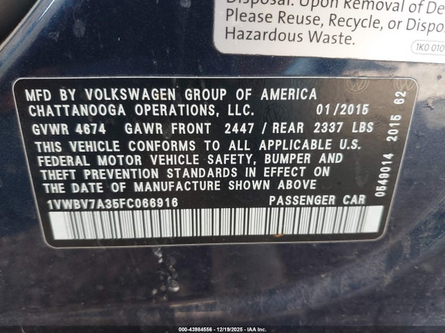 1VWBV7A35FC066916 Volkswagen Passat 2.0l Tdi Se