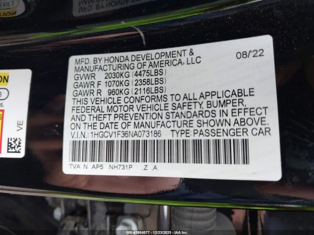 2022 HONDA ACCORD 1HGCV1F36NA073186 Photo 8