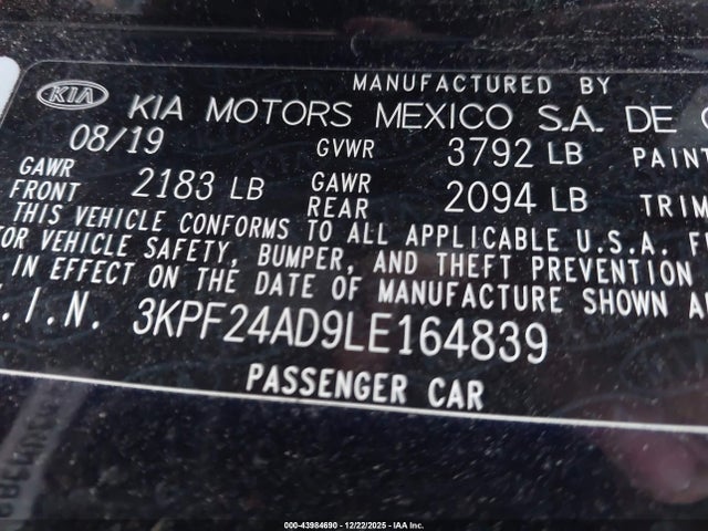 3KPF24AD9LE164839 KIA Forte Lxs