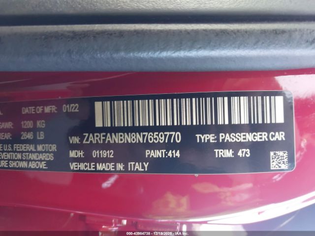 2022 ALFA ROMEO GIULIA ZARFANBN8N7659770 Photo 8