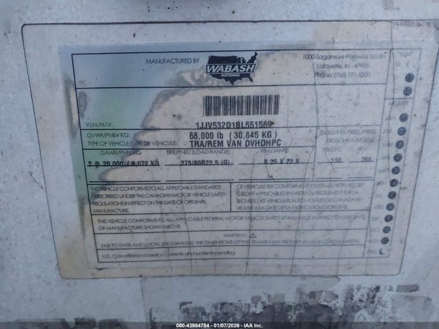 Продажа на аукционе авто 2011 Wabash National Corp 53' Semi Trailer, vin: 1JJV532D1BL551569, номер лота: 43984754