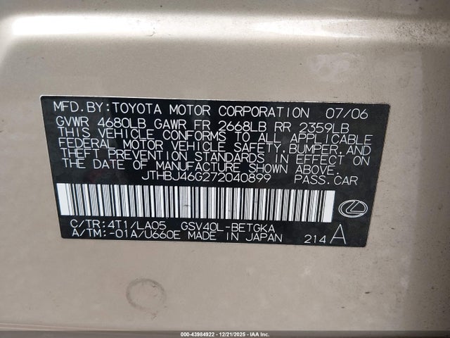 2007 LEXUS ES 350 JTHBJ46G272040899 Photo 8