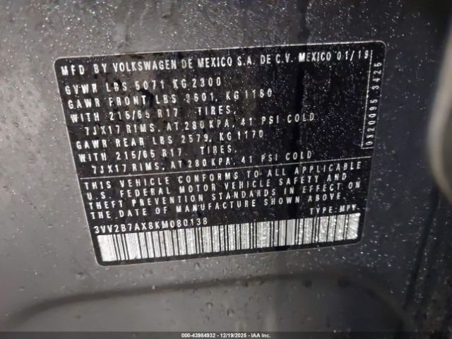 2019 VOLKSWAGEN TIGUAN 3VV2B7AX8KM080138 Photo 8