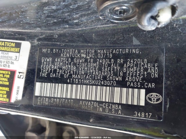 2019 TOYOTA CAMRY 4T1B11HK5KU243070 Photo 8