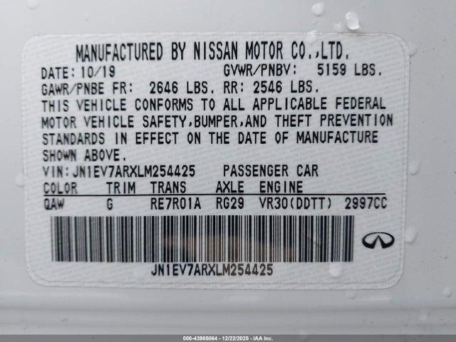 Auction sale of the 2020 Infiniti Q50 Luxe Awd, vin: JN1EV7ARXLM254425, lot number: 43985064