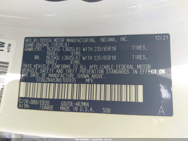 5TDGZRAH3NS100935 Toyota Highlander Xle