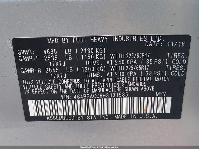 Subaru Outback 2.5i Premium 2017 4S4BSACC6H3301585 Image 9