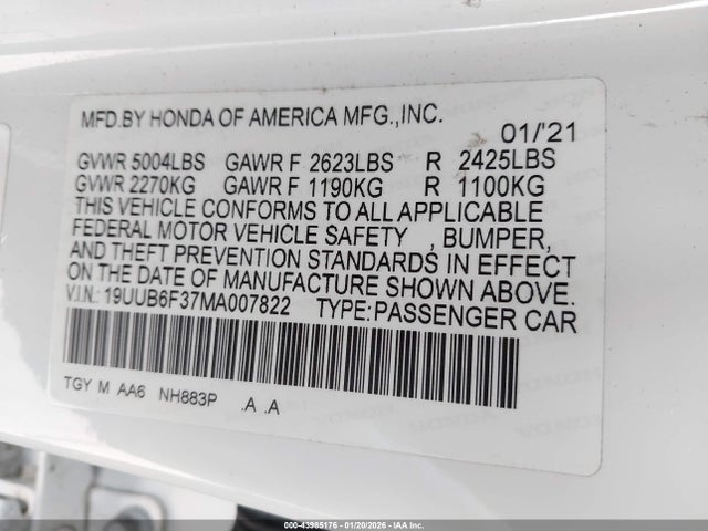 Продаж на аукціоні авто 2021 Acura Tlx Standard, vin: 19UUB6F37MA007822, номер лоту: 43985176