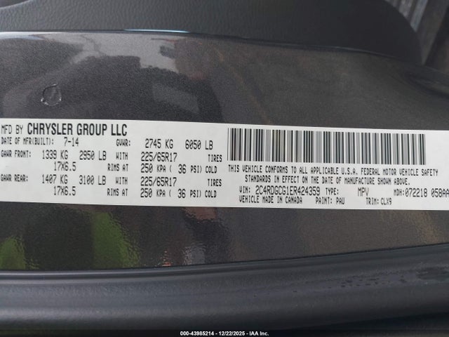 2C4RDGCG1ER424359 Dodge Grand Caravan Sxt 30th Anniversary