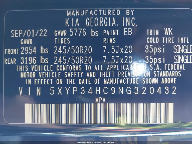 5XYP34HC9NG320432 KIA Telluride Ex
