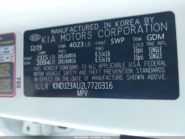 43985255 :رقم المزاد ، KNDJ23AU2L7720316 vin ، 2020 Kia Soul S مزاد بيع